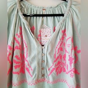 Free People Mint Combo Embroidered Boho Henley Top Medium NWT